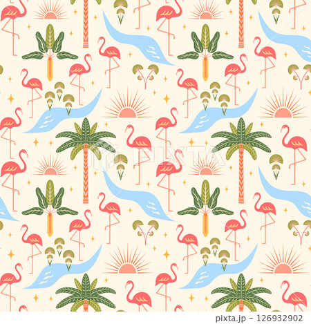 Flamingos seamless pattern vector illustration. Tropical pink flamingo birds on river bank, exotic palm trees, decorative celestial symbols on light background. Cute colorful boho summer vibes design Flamingos seamless pattern vector illustration. Tropical pink flamingo birds on river bank, exotic palm trees, decorative celestial symbols on light background. Cute colorful boho summer vibes design 126932902