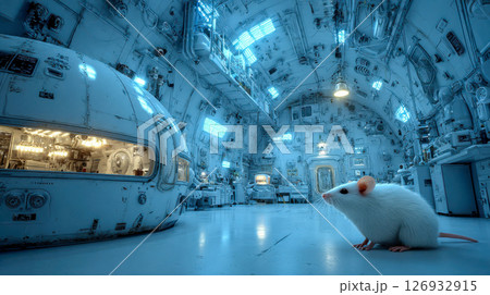 A white lab mouse sits alert in a high-tech, blue-lit futuristic laboratory filled with advanced equipment 126932915