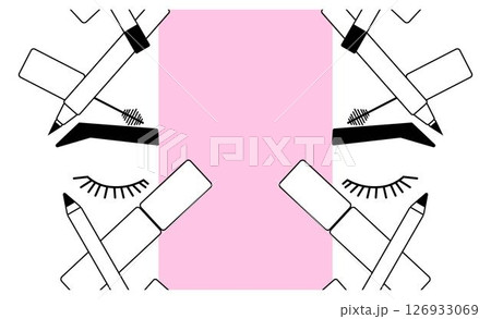Eye makeup mascara tools seamless border vertical frame template. Vector graphic line illustration. Black and white cosmetic makeup art. Banner, poster, wrapping paper, sticker, print. Eye makeup mascara tools seamless border vertical frame template. Vector graphic line illustration. Black and white cosmetic makeup art. Banner, poster, wrapping paper, sticker, print. 126933069