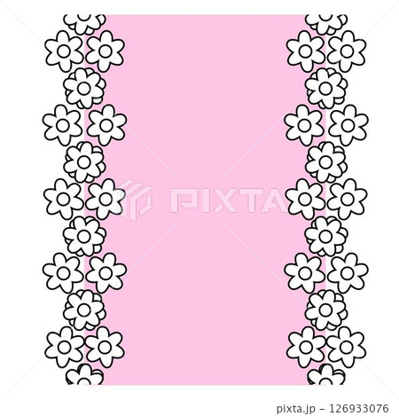 Simple flowers seamless border vertical frame template. Vector graphic line illustration. Black and white Minimal abstract floral tropical repeat print. For logo, web, package, sticker. 126933076