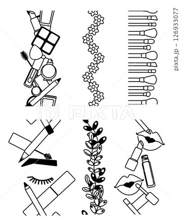 Decorative cosmetics set seamless border vertical. Vector graphic line illustration. Black and white cosmetic makeup art. Layout with makeup products for visage. For logo, web, package, sticker. 126933077