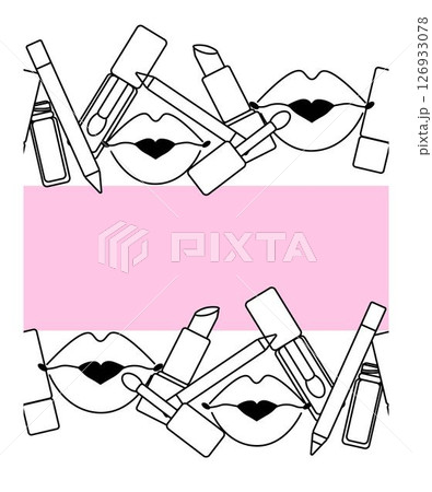 Lips Makeup tools seamless border horizontal frame template. Vector graphic line illustration. Black and white cosmetic makeup art. Beauty parlor illustration, packaging, cosmetics shop 126933078