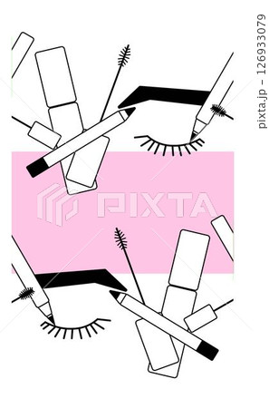 Eye makeup mascara tools seamless border horizontal frame template. Vector graphic line illustration. Black and white cosmetic makeup art. Banner, poster, wrapping paper, sticker, print. 126933079