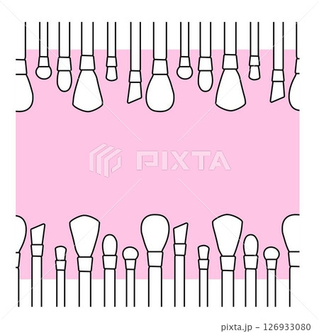 Makeup brushes seamless border horizontal frame template. Vector graphic line illustration. Black and white cosmetic makeup art. For poster, backdrop, ad, sale promotion, print for t-shirt 126933080