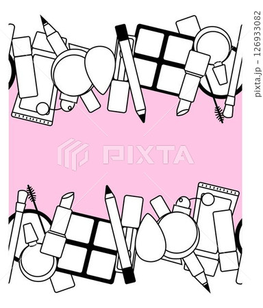 Decorative cosmetics seamless border horizontal frame template Vector graphic line illustration. Black and white cute cosmetic makeup art. Layout with makeup products for visage. 126933082