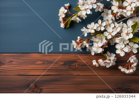 Easter Greeting Card Template with Blossoming Branch on Blue Wooden Background, Copy Space 126933344