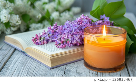 Lilac branch on open book with candle on wooden table, wide copy space, front view Lilac branch on open book with candle on wooden table, wide copy space, front view 126933467