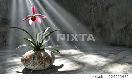 Venus slipper orchid in coconut shell among sunlit foliage  serene botanical composition 126933479