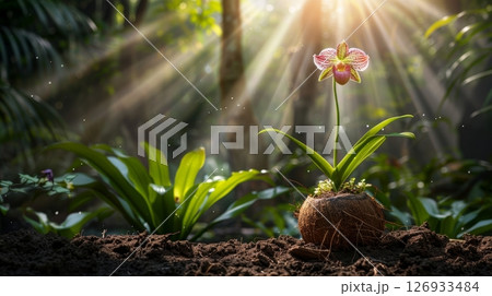Venus slipper orchid in coconut shell with sunlit foliage  serene botanical harmony 126933484