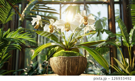 Tranquil botanical display  venus slipper orchid in coconut shell amidst sunlit foliage 126933492