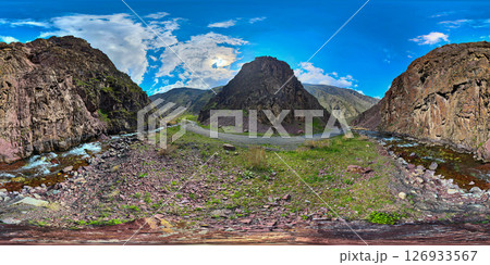 Spherical HDRi panorama of mountain ravine with dirt road and river turn 126933567