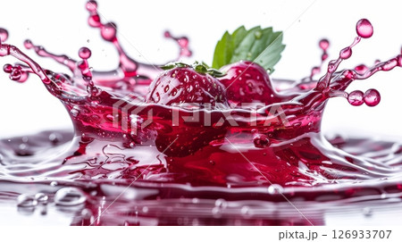 Lively red berry jam splash on white background with strawberry syrup flowing and bubbles 126933707