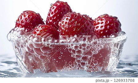 Strawberry creating splash in water against white background for striking visual impact 126933708