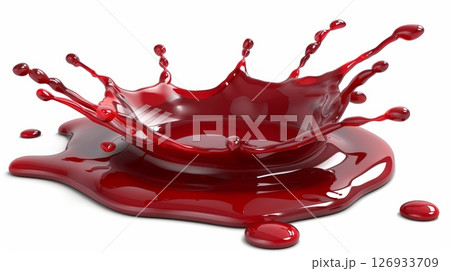 Vibrant red berry jam splash with bubbles on white background, fruity strawberry syrup flowing 126933709