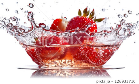 Strawberry splash  captivating visual of fruit dropped in water on white background 126933710