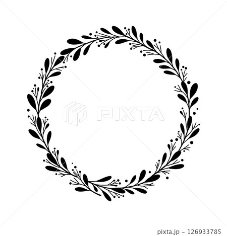 Minimal circular frame made of black leaves and twigs, hand drawn style on white background. Frames for template, wedding decor, logo and identity. 126933785