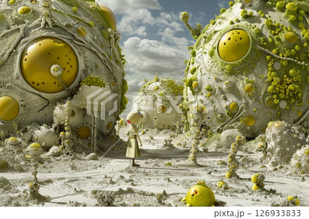 Whimsical Alien Landscape, Surreal Planet With Organic Structures And A Lone Figure, 3D Render 126933833