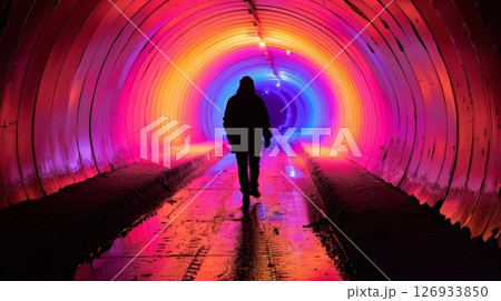 Silhouette of Person Walking in Vibrant Illuminated Tunnel with Colorful Glowing Lights Silhouette of Person Walking in Vibrant Illuminated Tunnel with Colorful Glowing Lights 126933850