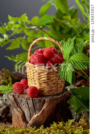 Small wicker basket filled with fresh, ripe raspberries. Small wicker basket filled with fresh, ripe raspberries. 126933917