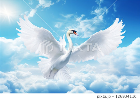 Majestic swans flying over the tranquil lake with the stunning backdrop of a clear blue sky 126934110