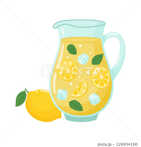 Homemade lemonade vector illustration. Bright flat style illustration with lemonade in a glass jug, glass and whole lemon 126934180