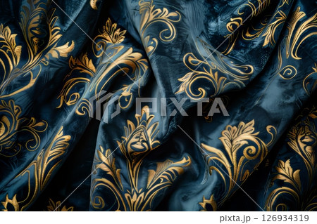 Opulent blue velvet with intricate gold patterns, folds for sophisticated, elegant decor 126934319