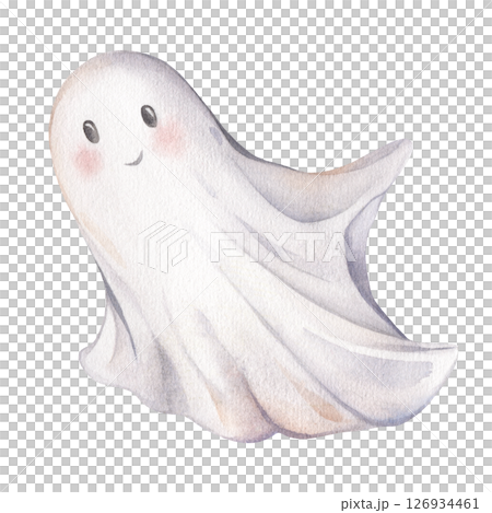 Cute ghost for Halloween perfect for kids design. Hand drawn watercolor illustration of a friendly spirit with a playful expression charming and whimsical for festive and children's projects 126934461