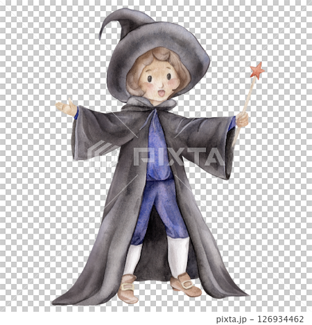 Cute wizard in a black hat and cloak with a magic wand, perfect for Halloween. Hand drawn fantasy illustration of a charming magical character for kids' design, whimsical and enchanting. 126934462