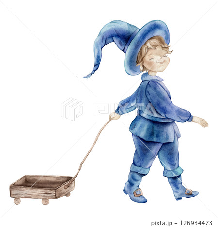 Whimsical wizard in a blue suit and hat with a wooden cart, perfect for Halloween. Hand drawn fantasy illustration of a magical character, charming and enchanting. 126934473