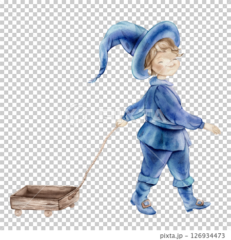 Whimsical wizard in a blue suit and hat with a wooden cart, perfect for Halloween. Hand drawn fantasy illustration of a magical character, charming and enchanting. 126934473