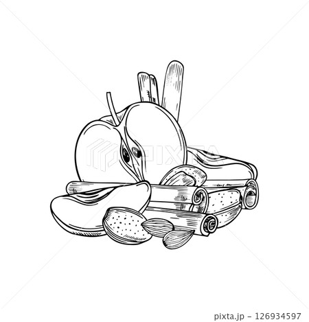 Apple slices, almonds and cinnamon sticks monochrome vector composition. Aromatic seasoning with fresh fruits, nuts, seasoning illustration for food packaging, seasonal menus and cozy winter design 126934597