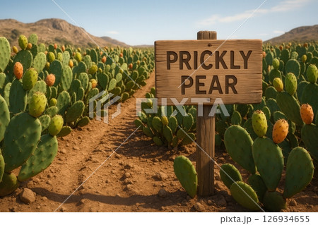 Cactus field with ripe prickly pear fruits growing in rows Cactus field with ripe prickly pear fruits growing in rows 126934655