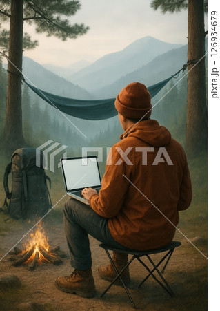 Man works on laptop by a campfire in a mountain forest 126934679