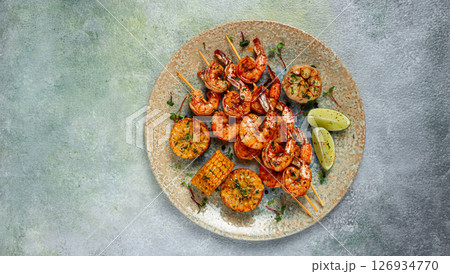 tiger prawns on skewers, shrimp kebab, with corn, fried, homemade, no people, 126934770