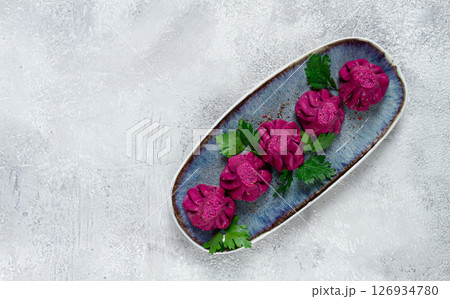 beetroot khinkali, mini khinkali, purple, Georgian cuisine, no people, beetroot khinkali, mini khinkali, purple, Georgian cuisine, no people, 126934780