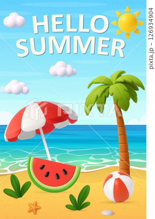 3d Cartoon Beach Scene with Hello Summer Text 126934904