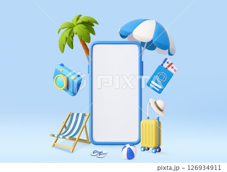 3D Summer Vacation Travel App Concept with Smartphone 3D Summer Vacation Travel App Concept with Smartphone 126934911
