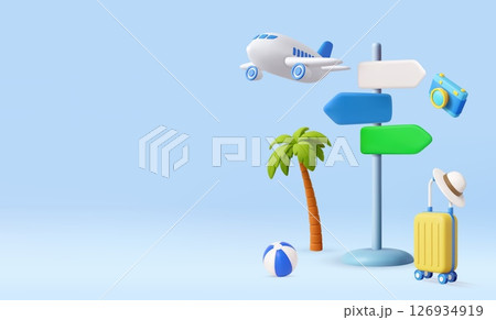 3D Summer Travel Concept with Airplane and Signpost 126934919