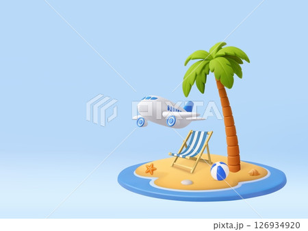 3D Beach Island Vacation with Airplane. 126934920