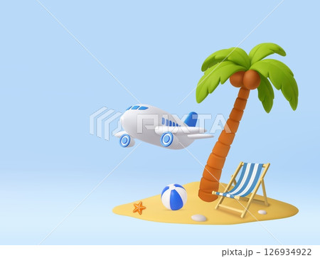 3D Tropical Beach Vacation with Airplane. 126934922
