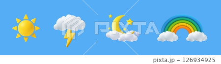 3D Weather Icon Set with Sun, Storm, Moon, and Rainbow 126934925