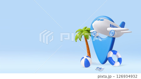 3D Travel Destination Icon with Vacation Elements. 126934932