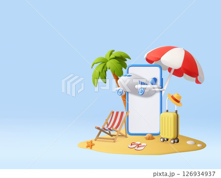 3D Travel Booking Concept with Beach Elements. 3D Travel Booking Concept with Beach Elements. 126934937