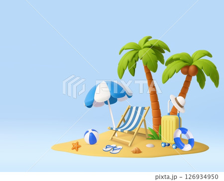 3D Tropical Vacation Scene with blue Umbrella and Luggage 126934950