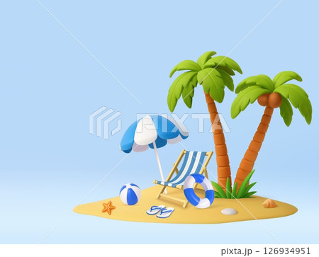 3D Tropical Vacation Scene with blue Umbrella 126934951