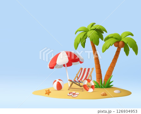 3D Tropical Vacation Scene with Red Umbrella 126934953