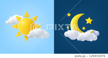 3d Sun and moon icons representing day and night 3d Sun and moon icons representing day and night 126934976