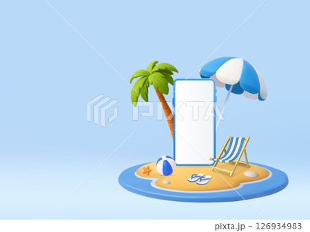3D Summer Beach with Smartphone Display. 3D Summer Beach with Smartphone Display. 126934983