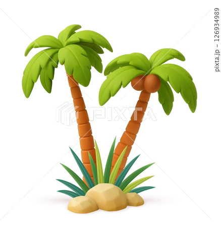 3D Tropical Palm Trees with Rocks and Greenery 126934989