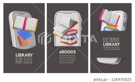 Online book store 3D style poster design vector set, books, literature, dictionaries, electronic library in your pocket 126935025
